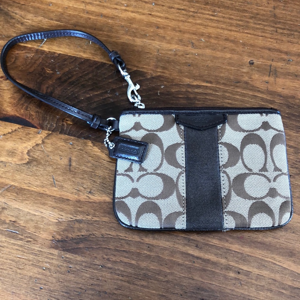 Coach brown canvas wristlet